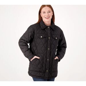 Weatherproof Women's Quilted Shacket Black Plus Size 1X with Printed Lining